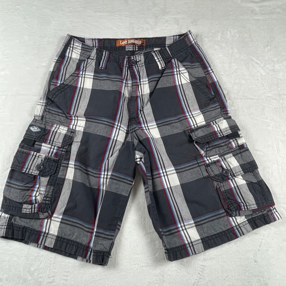Lee Dungarees Mens Plaid Cargo Shorts Grey White Red Size 29 Cotton Utility